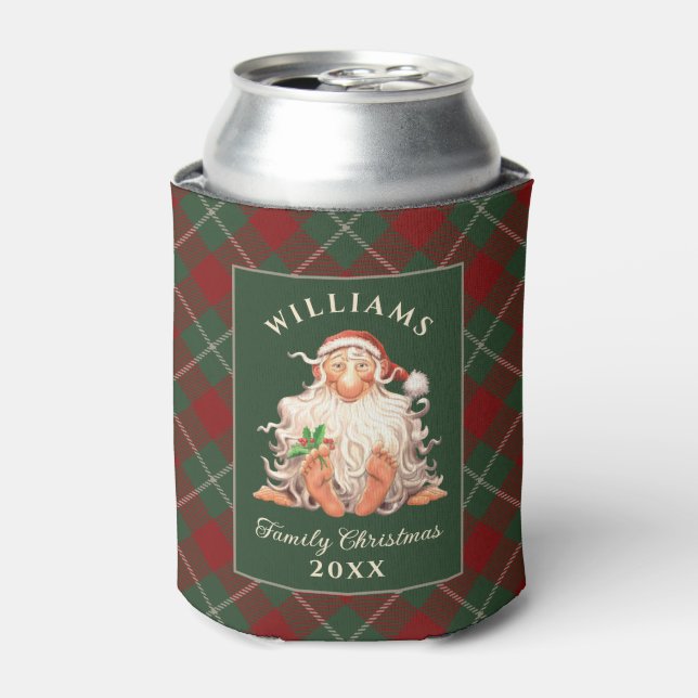 Retro Santa Family Christmas with Name and Year Can Cooler (Can Front)