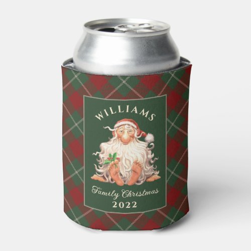 Retro Santa Family Christmas with Name and Year Can Cooler