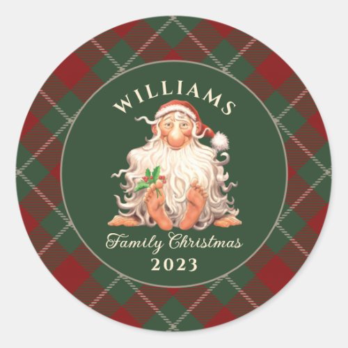 Retro Santa Family Christmas with Name and Year Classic Round Sticker