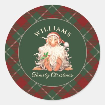 Retro Santa Family Christmas With Name And Year Classic Round Sticker by DP_Holidays at Zazzle