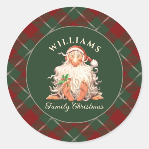 Retro Santa Family Christmas with Name and Year Classic Round Sticker