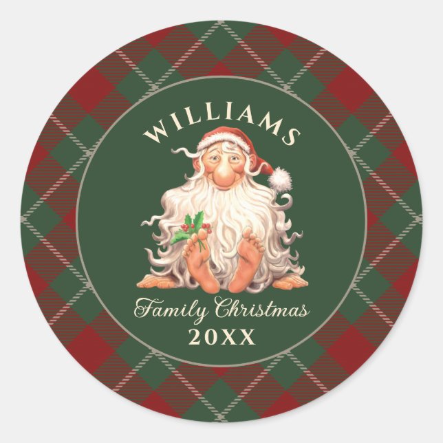 Retro Santa Family Christmas with Name and Year Classic Round Sticker (Front)