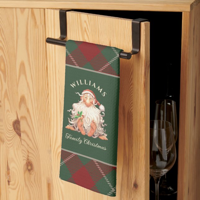 Retro Santa Family Christmas with Name and Year Kitchen Towel (Thirds Fold)