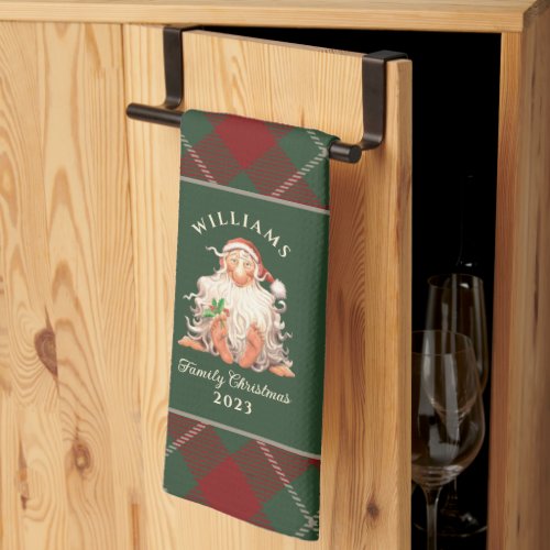 Retro Santa Family Christmas with Name and Year Kitchen Towel