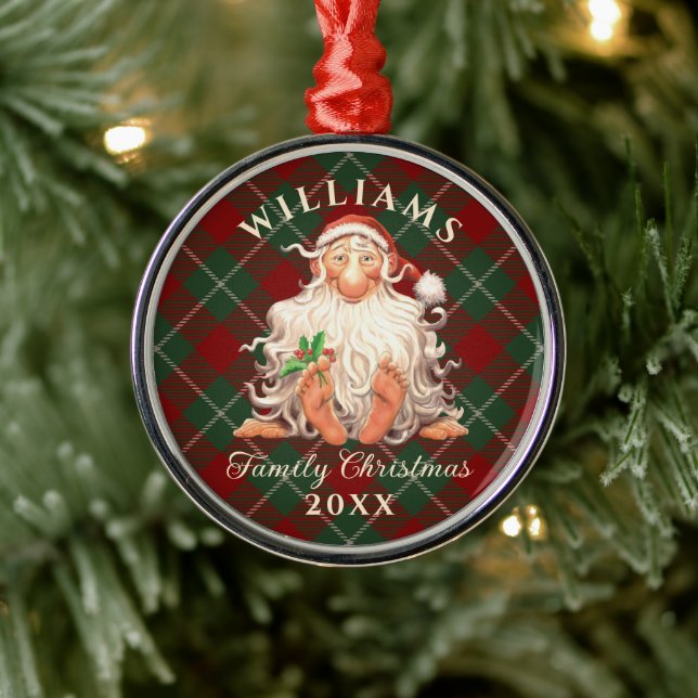 Retro Santa Family Christmas with Name and Year Metal Ornament (Tree)