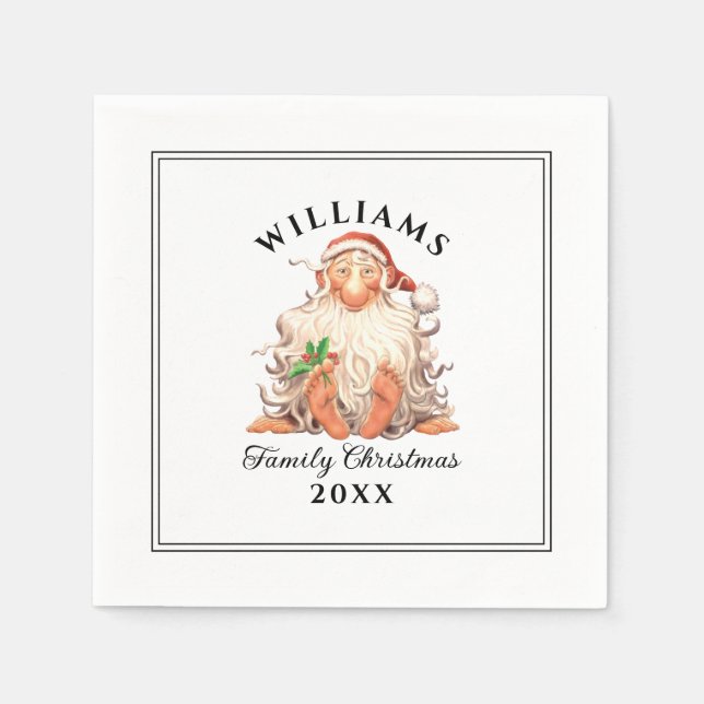 Retro Santa Family Christmas with Name and Year Napkins (Front)