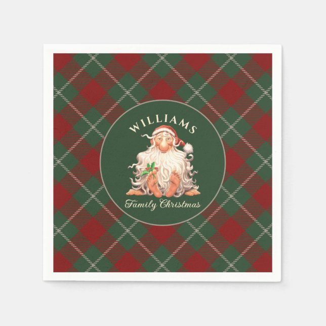 Retro Santa Family Christmas with Name and Year Napkins (Front)