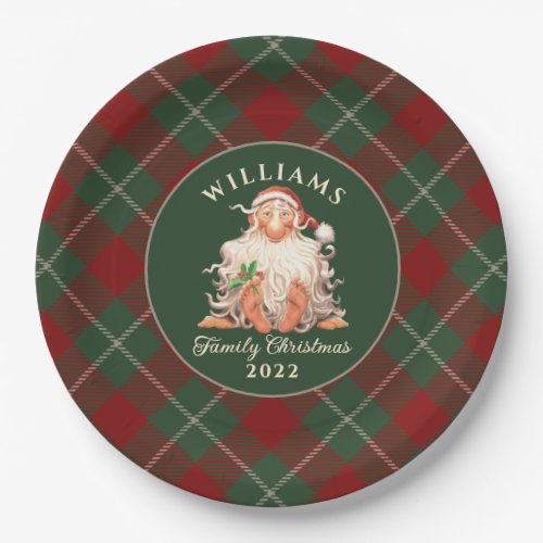 Retro Santa Family Christmas with Name and Year Paper Plates