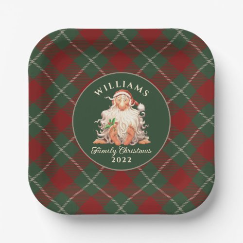 Retro Santa Family Christmas with Name and Year Paper Plates