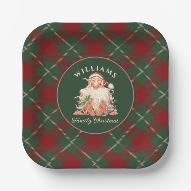 Retro Santa Family Christmas with Name and Year Paper Plates (Front)