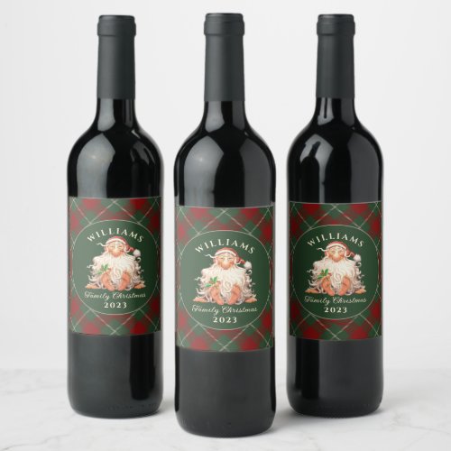Retro Santa Family Christmas with Name and Year Sq Wine Label