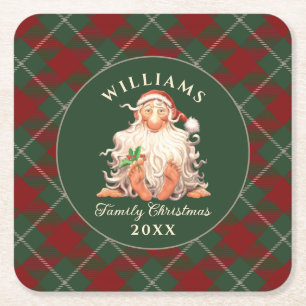Retro Santa Family Christmas with Name and Year Square Paper Coaster