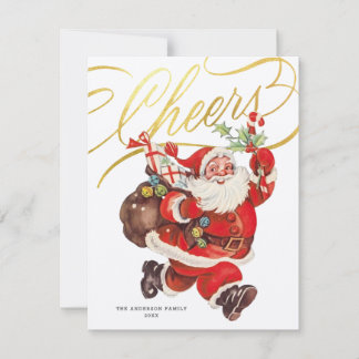 Retro Santa Gold Script Cheers Non-Photo Christmas Holiday Card