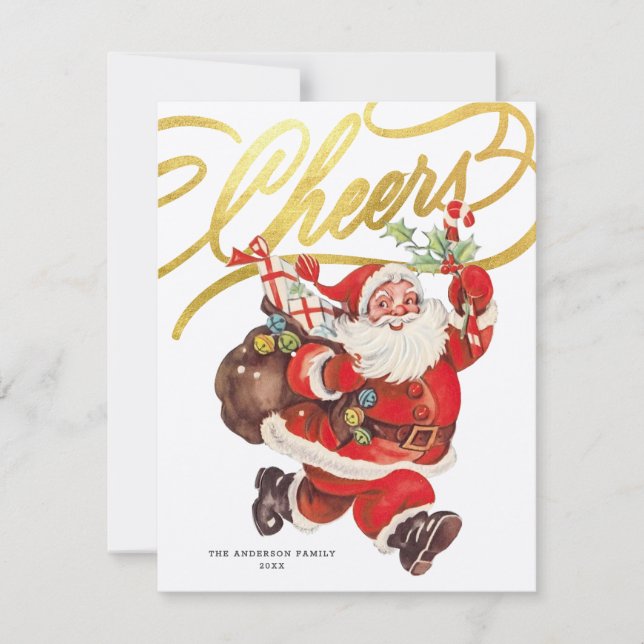 Retro Santa Gold Script Cheers Non-Photo Christmas Holiday Card (Front)