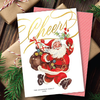 Retro Santa Gold Script Cheers Non-Photo Christmas Holiday Card