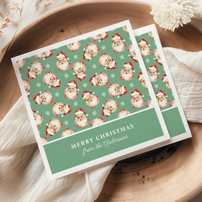 Retro Santa Green Personalized Name Christmas Napkins (Creator Uploaded)