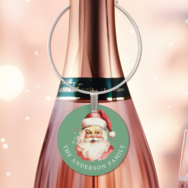 Retro Santa Green Personalized Name Christmas Wine Charm (Creator Uploaded)