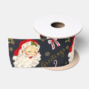 Retro Santa Greeting on Noir  Satin Ribbon