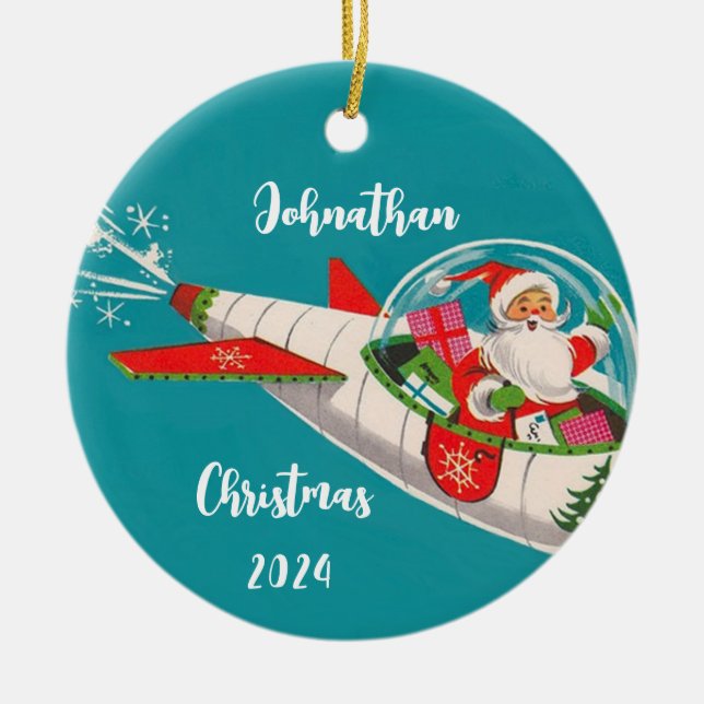 Retro Santa in Rocketship Personalized Ornament (Front)