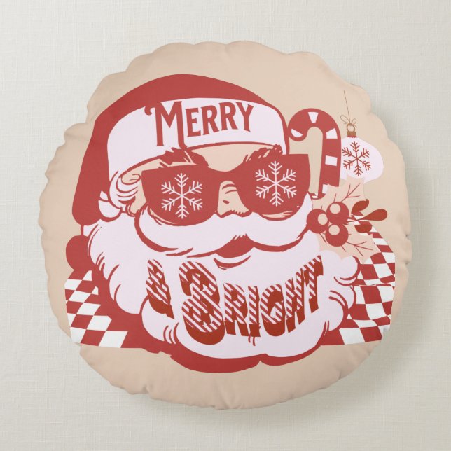 Retro Santa Merry and Bright Groovy   Round Pillow (Front)