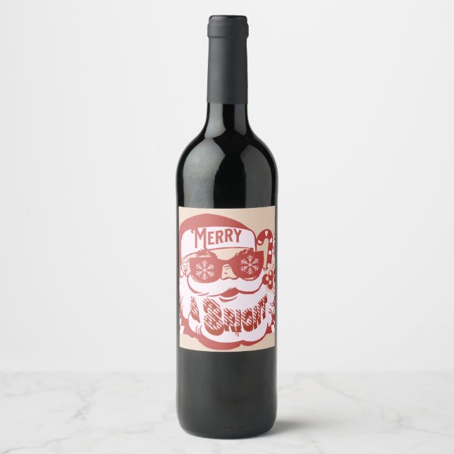 Retro Santa Merry and Bright Groovy   Wine Label (Front)