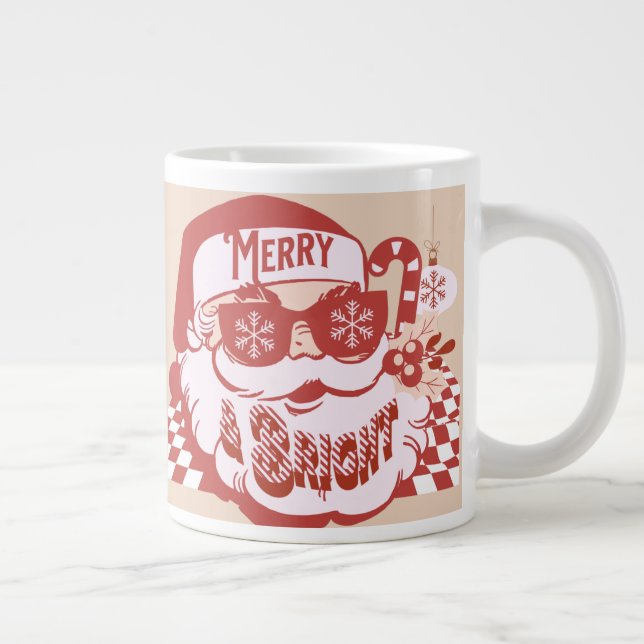 Retro Santa Merry Bright Christmas Pink Red   Giant Coffee Mug (Right)