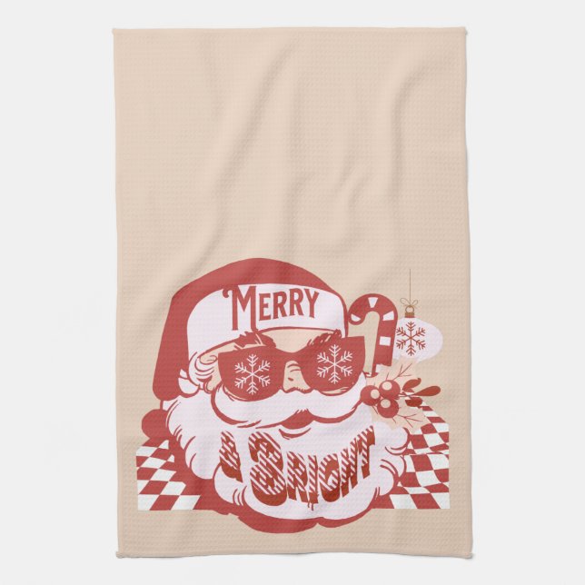Retro Santa Merry Bright Christmas Pink Red   Kitchen Towel (Vertical)