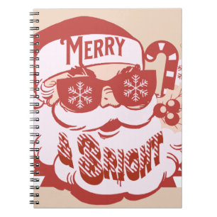 Retro Santa Merry Bright Christmas Pink Red Notebook
