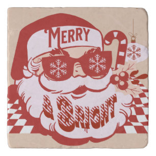 Retro Santa Merry Bright Christmas Pink Red  Trivet