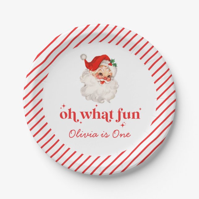 Retro Santa Oh What Fun Birthday Paper Plates (Front)