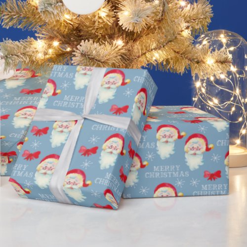 Retro Santa on Pastel Blue Christmas Wrapping Paper