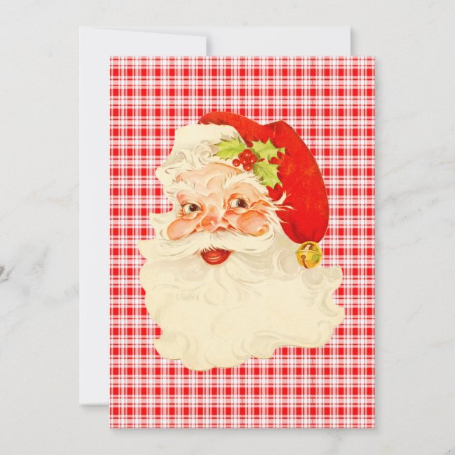 Retro Santa on Plaid Holiday Card (Front)
