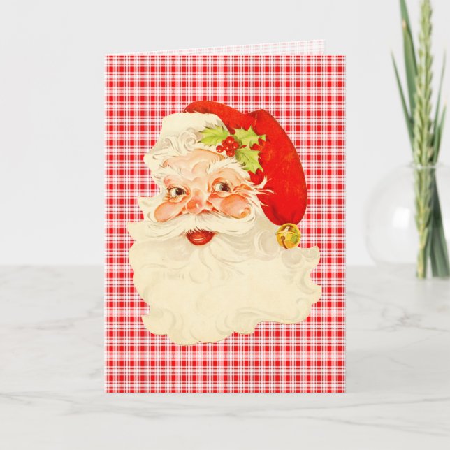 Retro Santa on Plaid Holiday Card (Front)