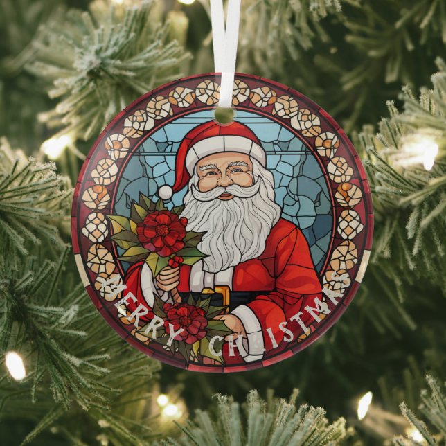 Retro Santa Ornament, Faux Stained Glass Glass Ornament (Insitu)