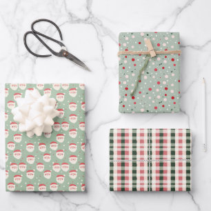 Retro Santa Pink Green Christmas Wrapping Paper Sheets