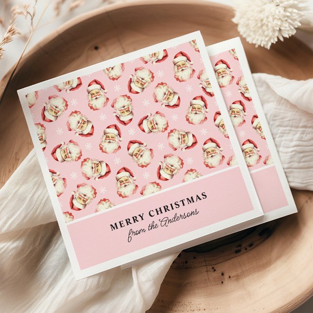 Retro Santa Pink Personalized Name Christmas Napkins (Creator Uploaded)