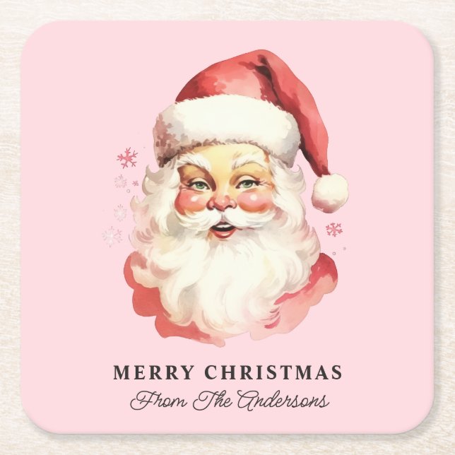 Retro Santa Pink Personalized Name Christmas Square Paper Coaster (Front)
