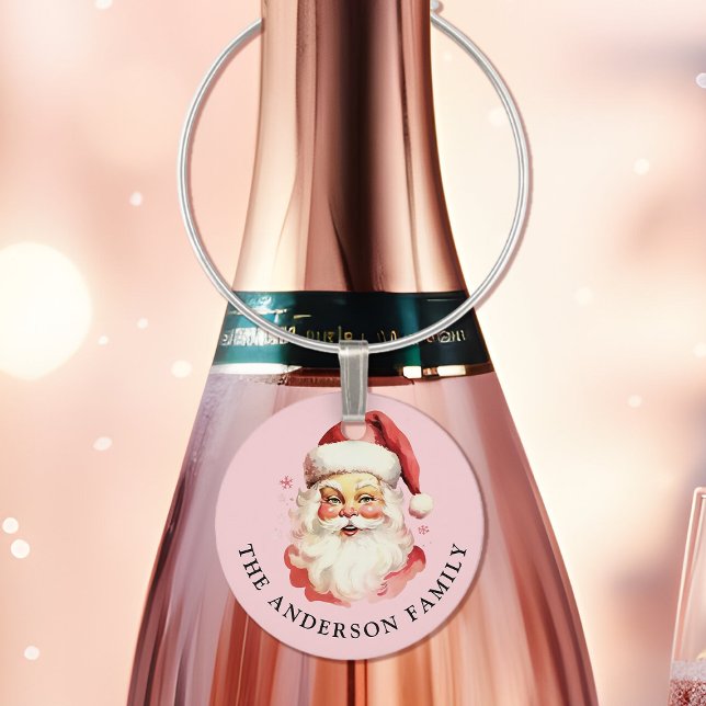 Retro Santa Pink Personalized Name Christmas Wine Charm (Creator Uploaded)