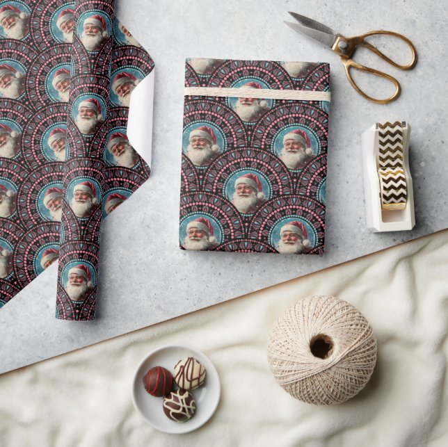 Retro Santa Pinkmas Mandala Art Deco Scallop Wrapping Paper (Crafts)