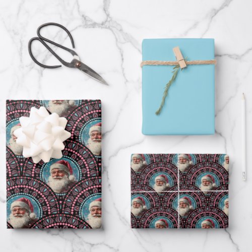 Retro Santa Pinkmas Mandala Art Deco Scallop Wrapping Paper Sheets