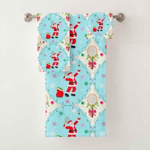 Retro Santa Playing Tennis Ogee Pattern Bath Towel Set