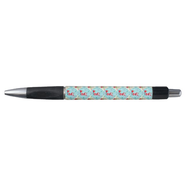 Retro Santa Playing Tennis Ogee Pattern Black Ink  Pen (Front)