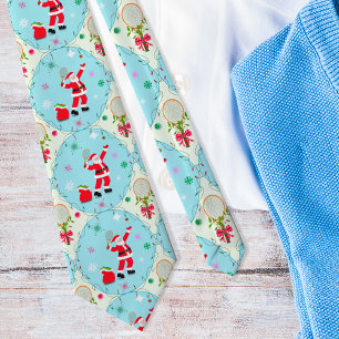 Retro Santa Playing Tennis Ogee Pattern  Neck Tie
