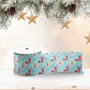 Retro Santa Playing Tennis Ogee Pattern Satin Ribbon