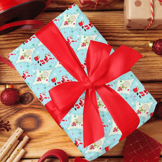 Retro Santa Playing Tennis Ogee Pattern Wrapping Paper Sheets (Creator Uploaded)