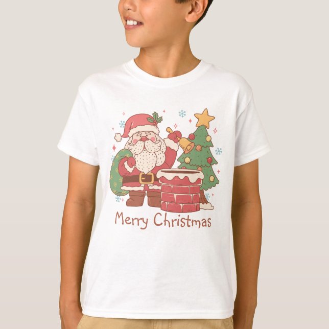 Retro Santa Ready to go down Chimney Christmas  T-Shirt (Front)