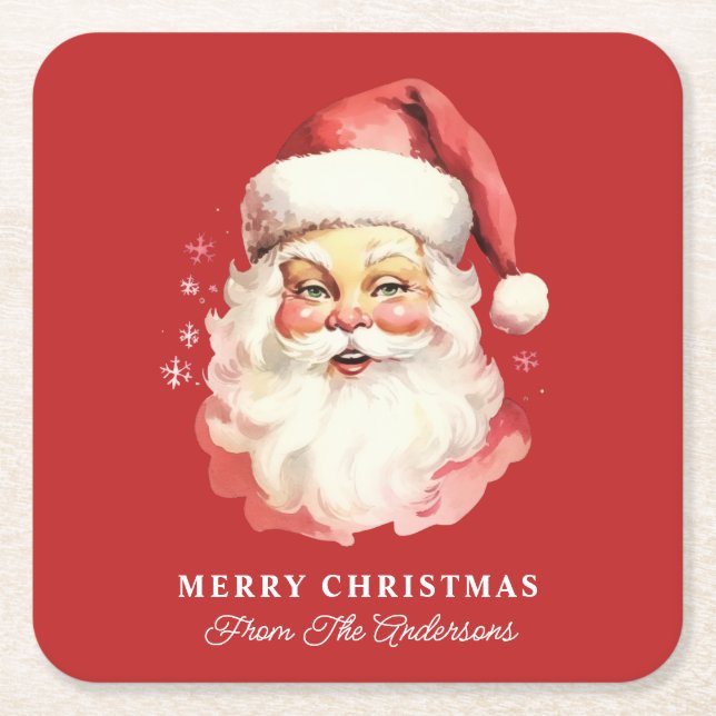 Retro Santa Red Personalized Name Christmas Square Paper Coaster (Front)