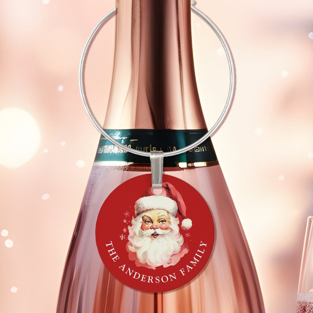 Retro Santa Red Personalized Name Christmas Wine Charm (Creator Uploaded)