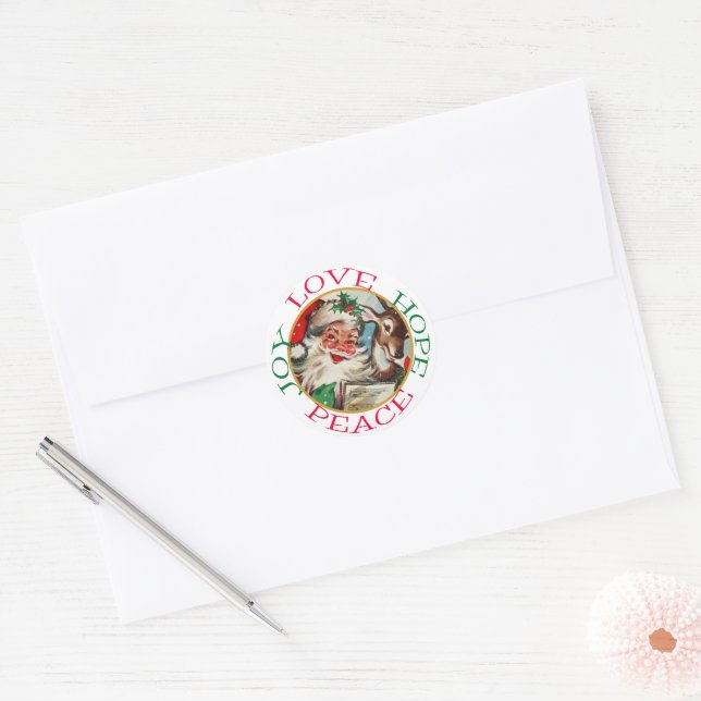 Retro Santa Reindeer Christmas Hope Peace Classic Round Sticker (Envelope)