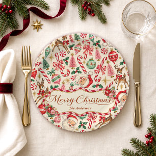 Retro Santa & Reindeer Family Name Christmas Paper Plates